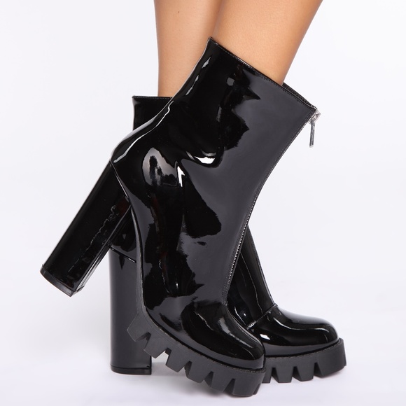Shoes - Black Patent Leather Zip Front Combat Boots